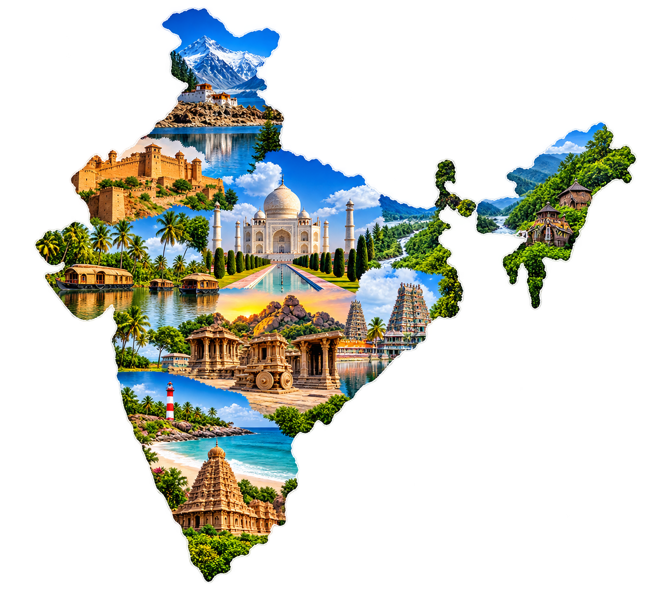 Illustrated map of India featuring landmarks and destinations across the country